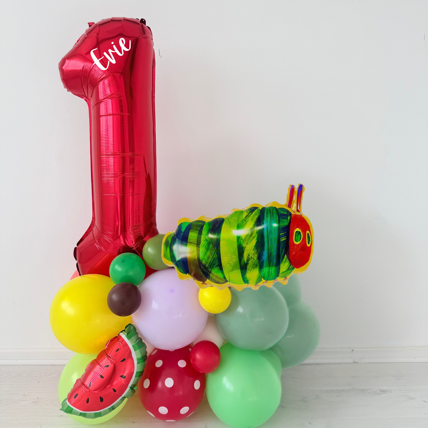 Personalised The Very Hungry Caterpillar balloon bouquet stand 1st 2nd birthday display