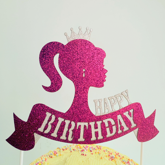 Barbie girl style hot pink glittery simple cake topper birthday cake decor product photo