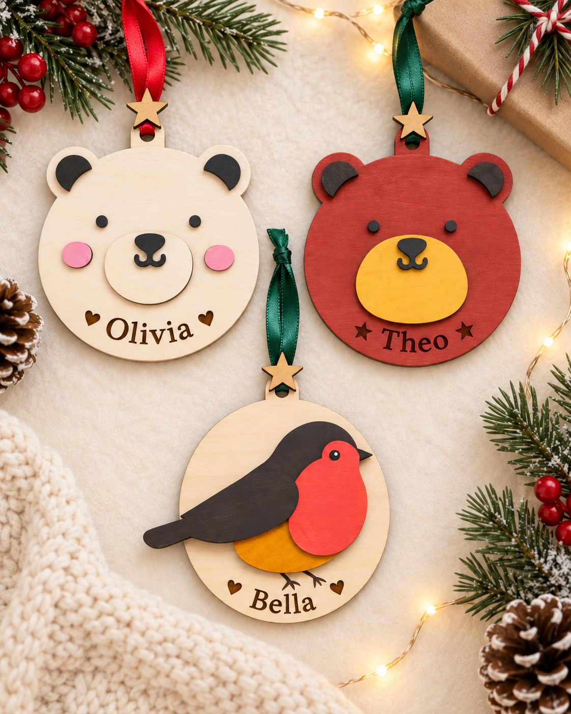 Personalised Polar Bear, Brown Bear and Robin Christmas baubles group