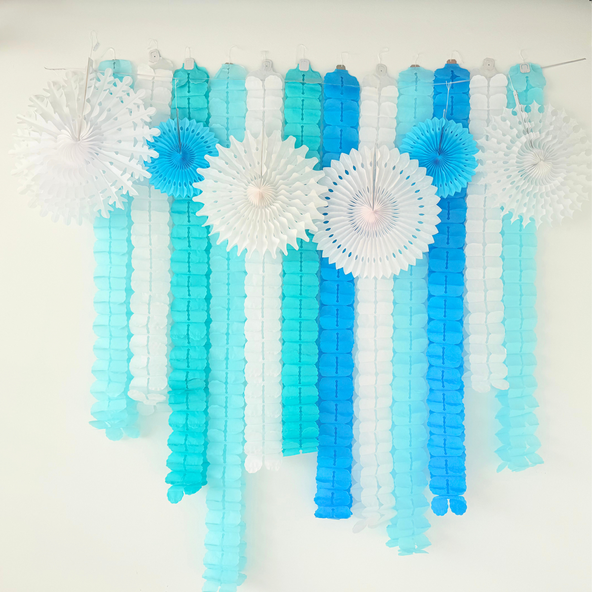 Blue white ice frozen style paper honey comb flower garland and fan decoration display product photo 2