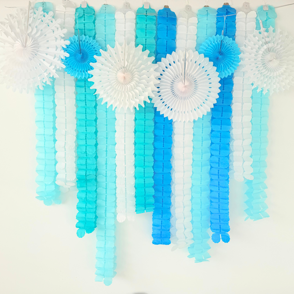 Blue white ice frozen style paper honey comb flower garland and fan decoration display product photo 3