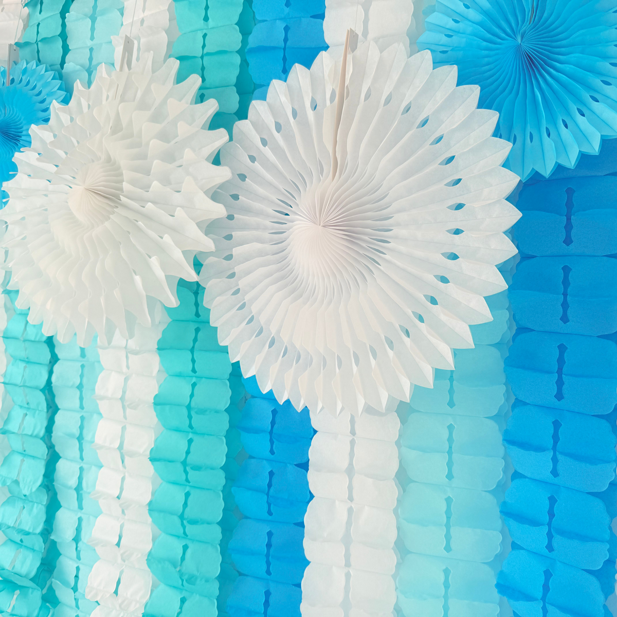 Blue white ice frozen style paper honey comb flower garland and fan decoration display product photo 6