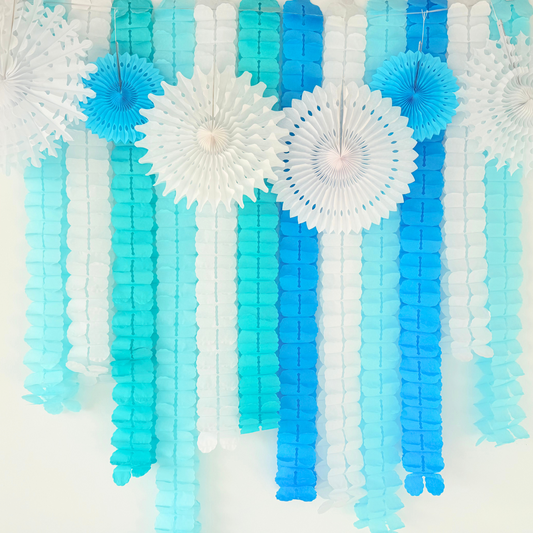 Blue white ice frozen style paper honey comb flower garland and fan decoration display product photo