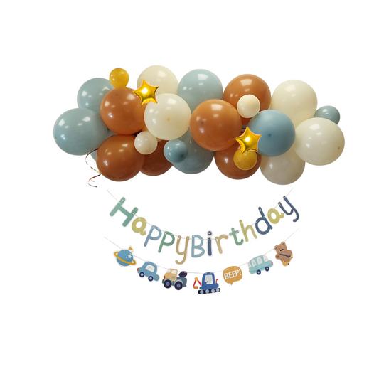 Brown and blue digger toys balloon garland happy birthday banner boys product photo