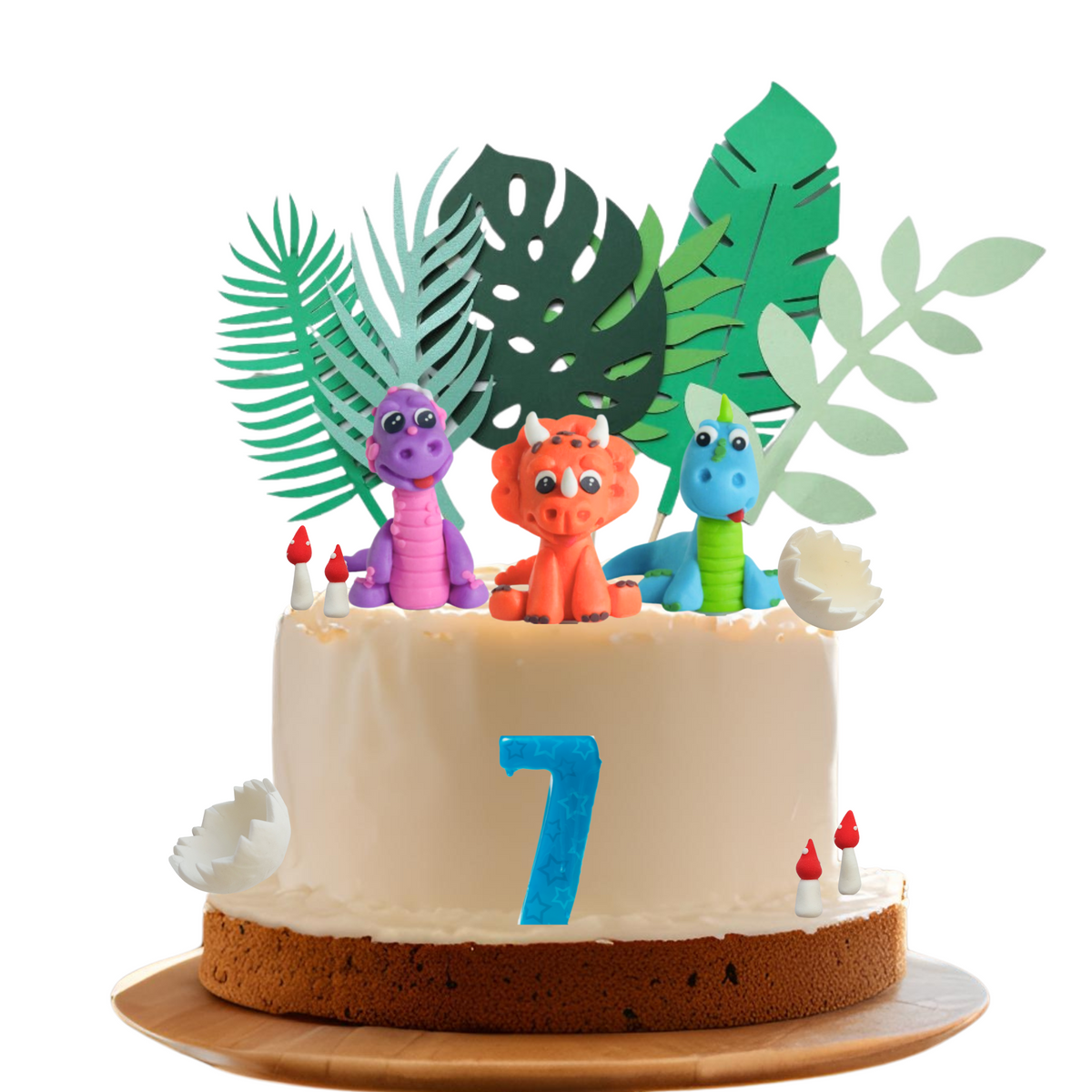 Clay Dinosaurs leaves mushroom egg shells Cake Topper set lifestyle photo
