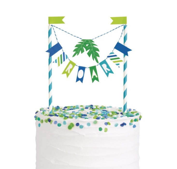 Dinosaur birthday party ROAR paper flags cake topper product photo