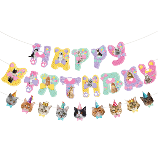 Cute cats pet themed birthday bunting banner, cake toppers and disposable paper plates product photo