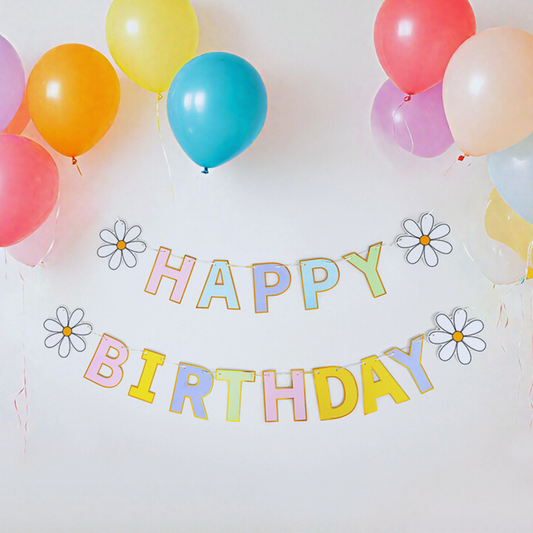 Daisy happy birthday bunting banner with mixed 10pcs 12inch rainbow balloons product photo