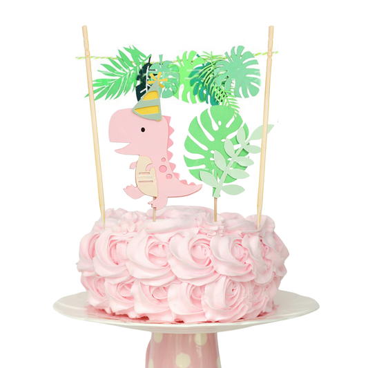 Dinosaur and leaves cake topper, pink and green product photo