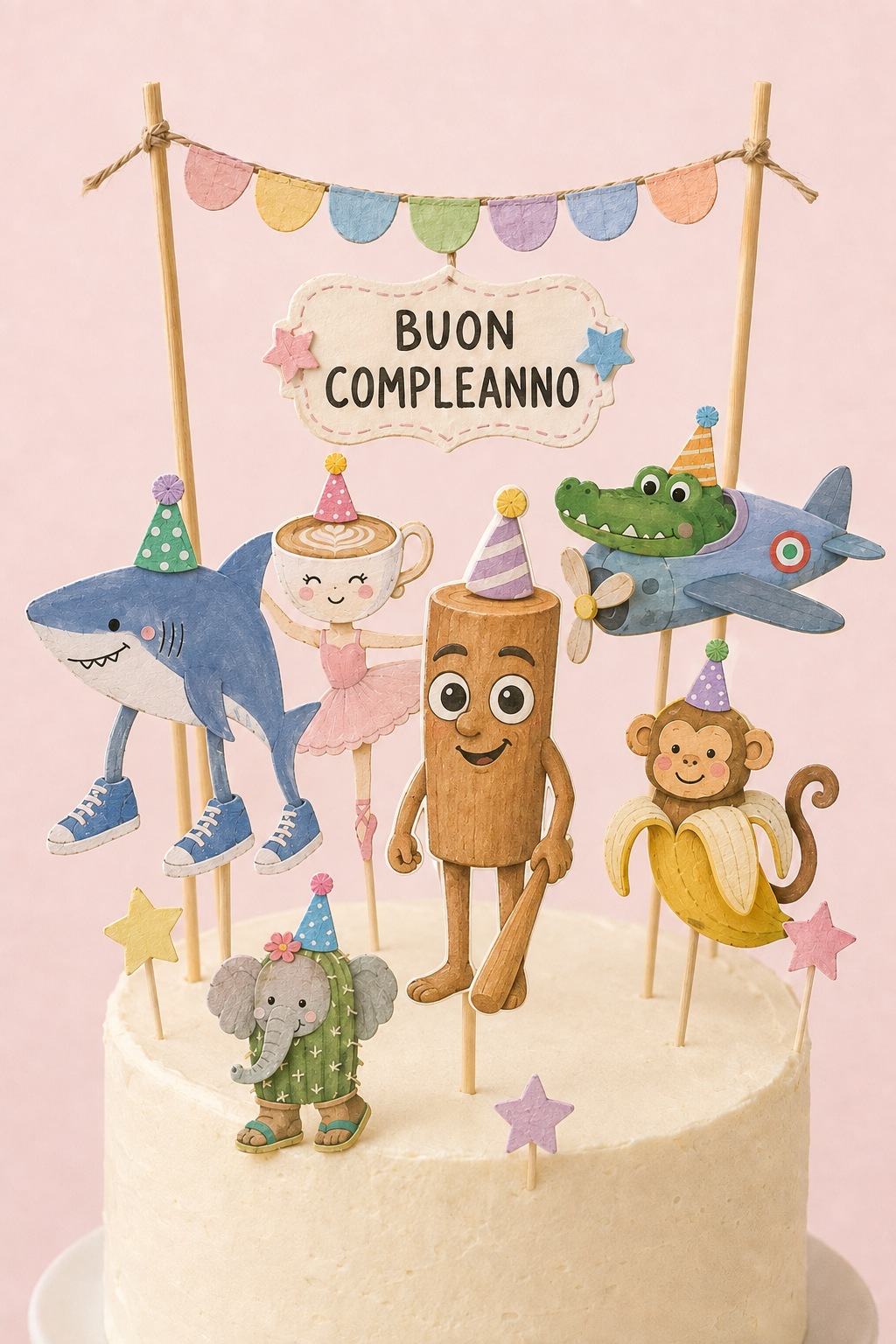 Personalised Brainrot inspired cake topper, shark, monkey banana, crocodile aeroplane, tea ballerina, bunting banner