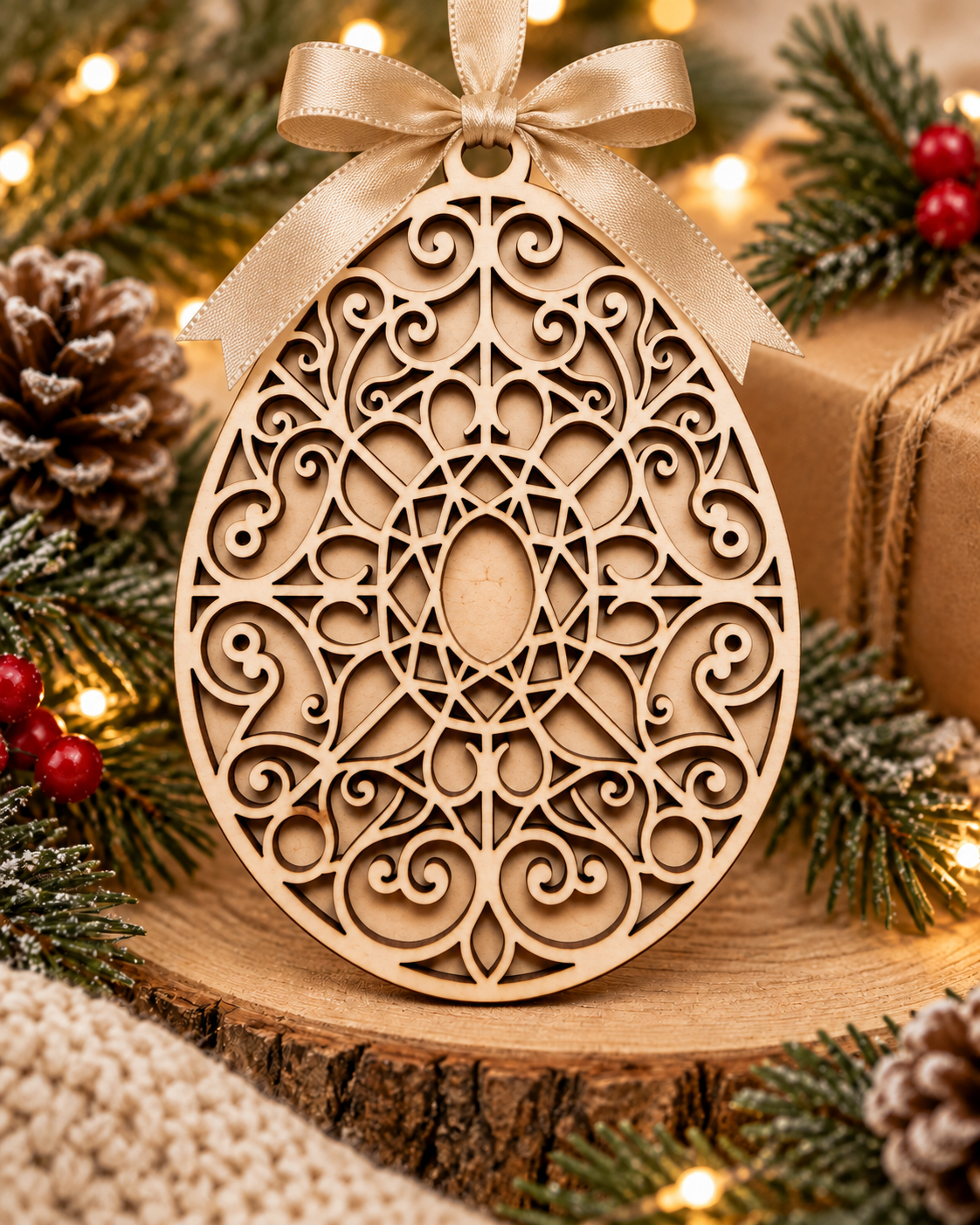 Laser-cut wooden Fabergé-style egg Christmas bauble with filigree scrollwork, blank centre oval and champagne satin ribbon