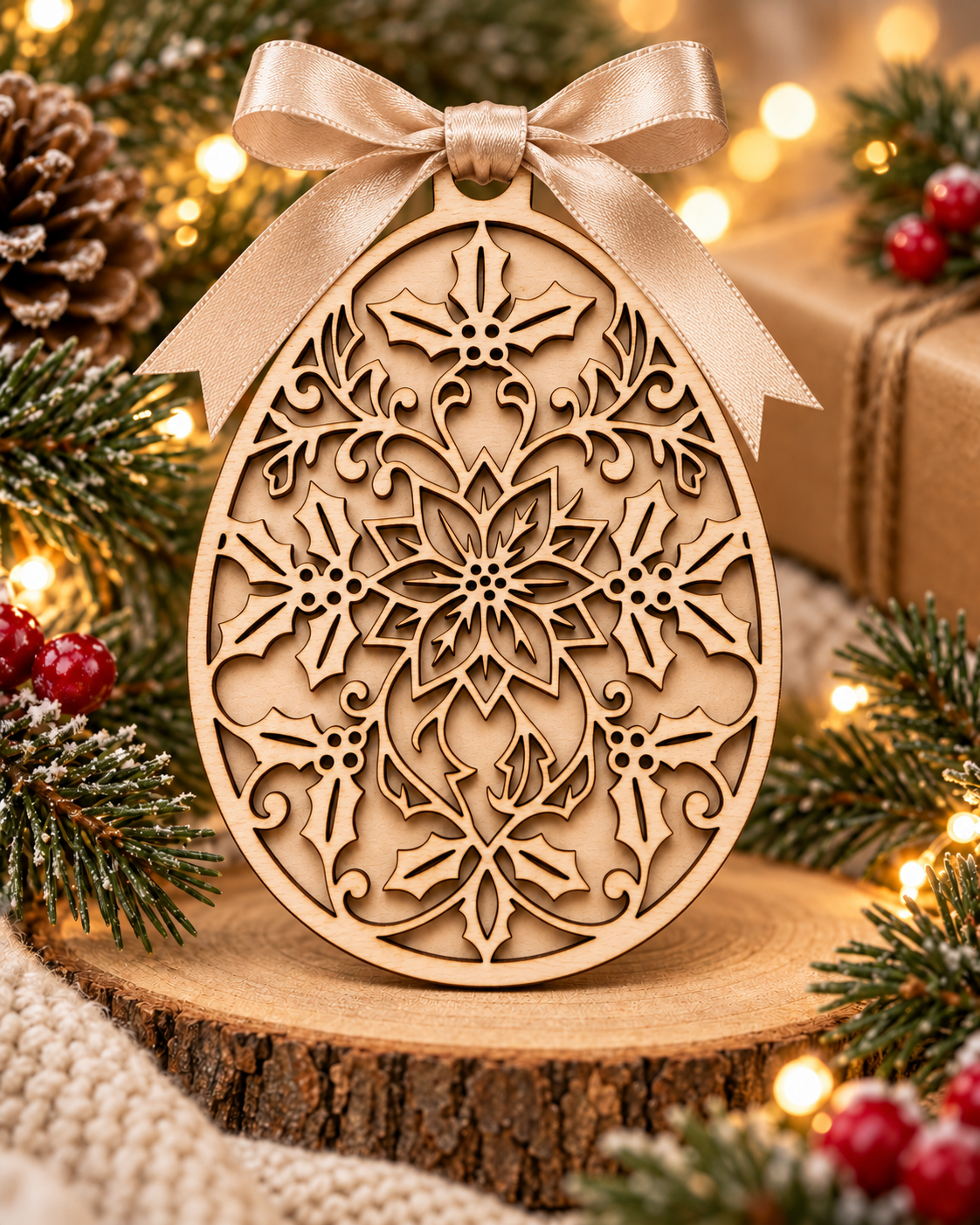 Laser-cut wooden Fabergé-style egg Christmas bauble with poinsettia and holly floral design and champagne satin ribbon