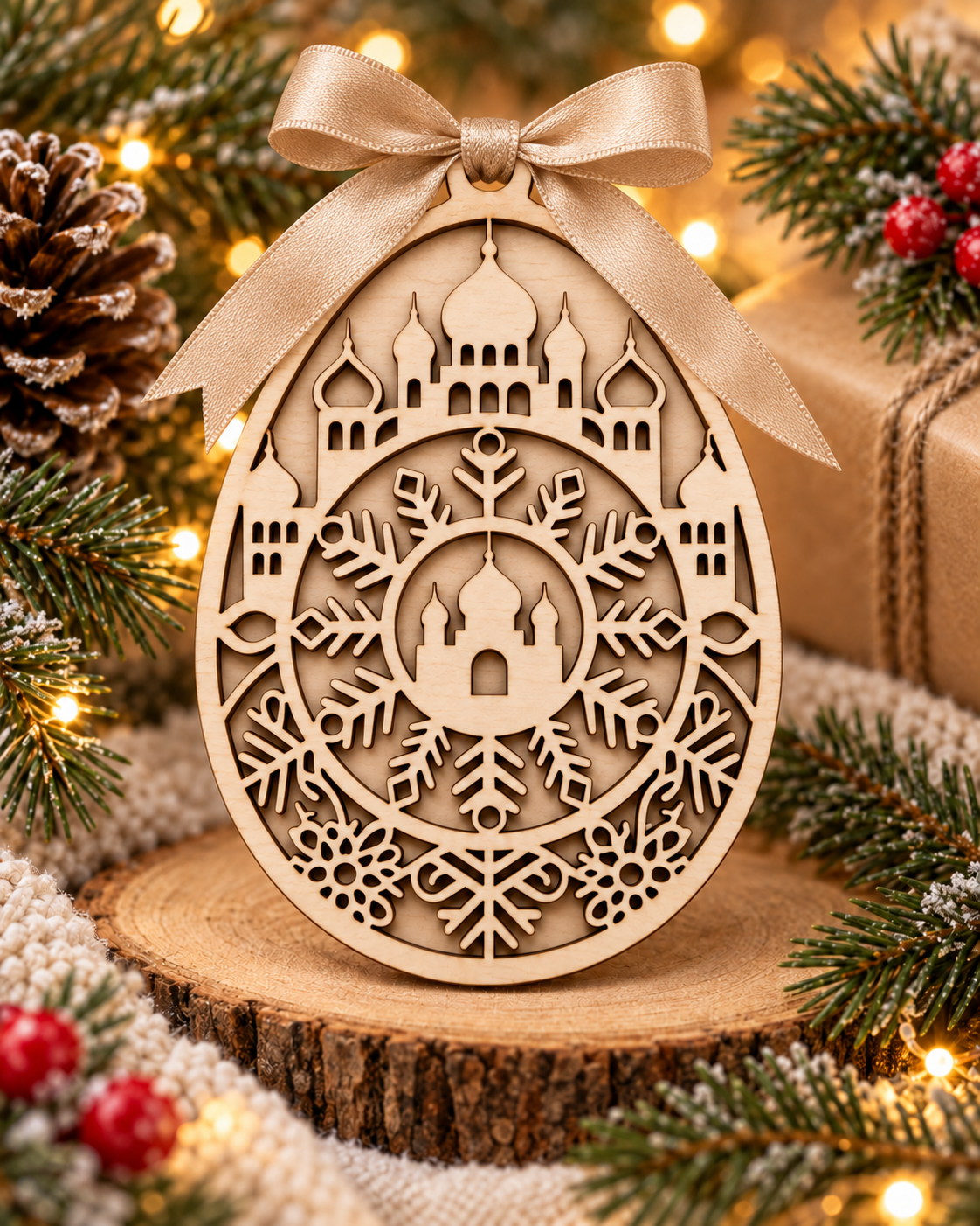Laser-cut wooden Fabergé-style egg Christmas bauble with Russian onion-dome and snowflake design and gold ribbon