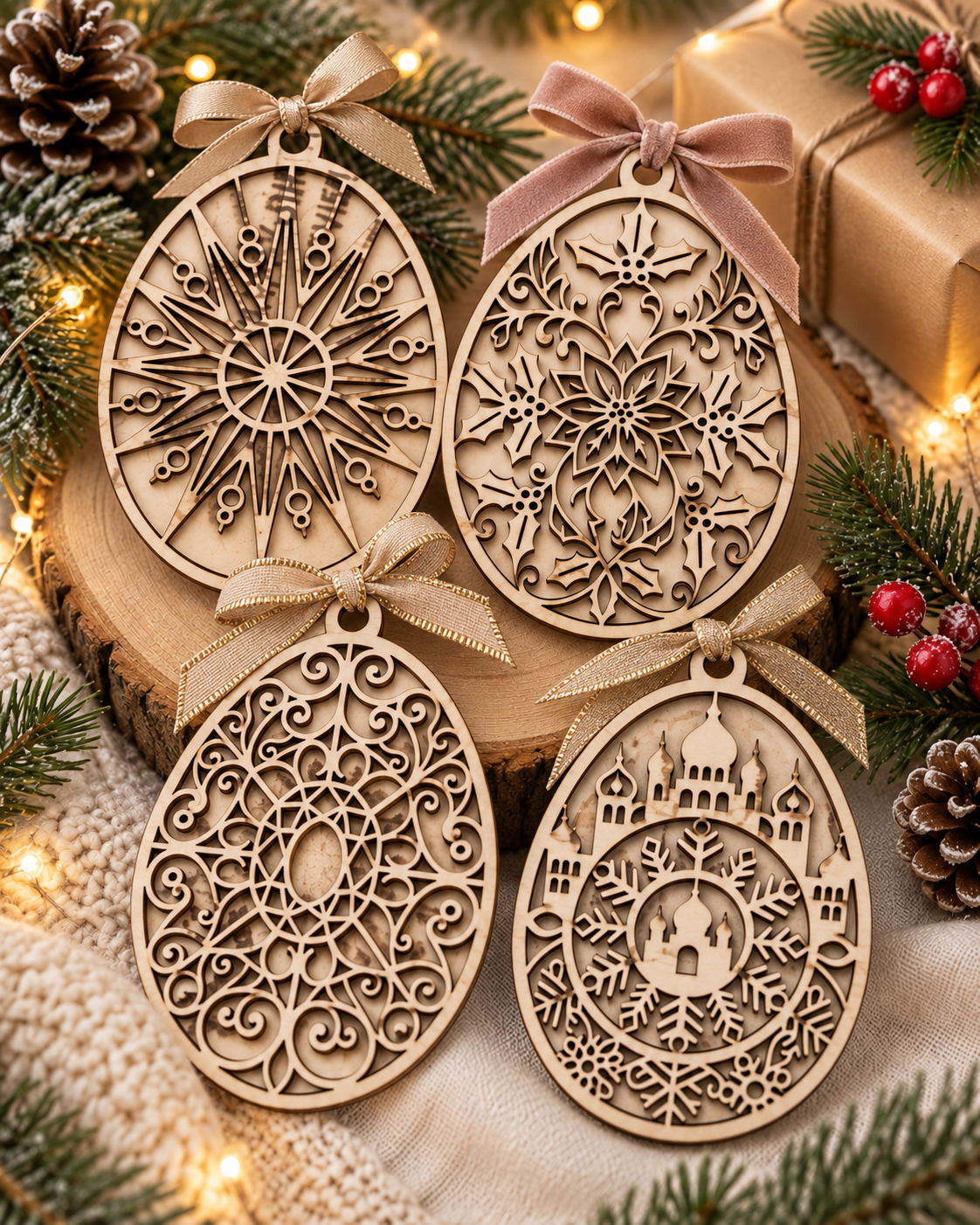 Set of four laser-cut wooden Fabergé-style egg Christmas baubles — Starburst, Floral, Onion Domes and Filigree — on a wood slice