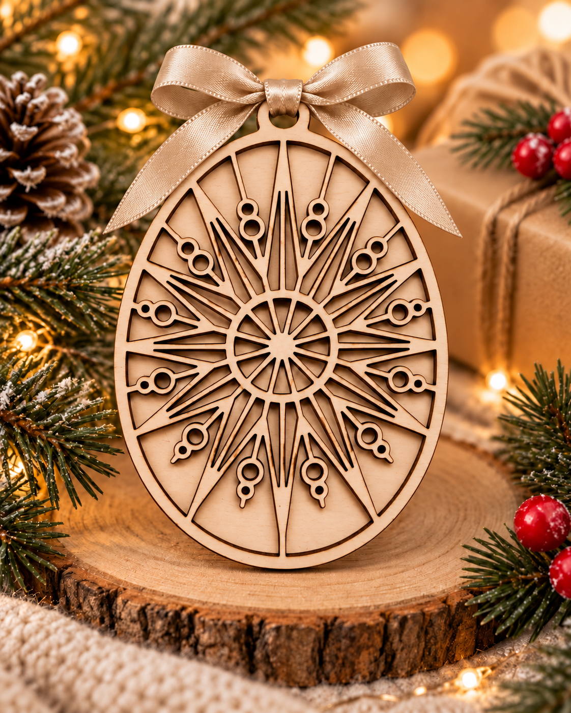 Laser-cut wooden Fabergé-style egg Christmas bauble with geometric starburst design and champagne satin ribbon