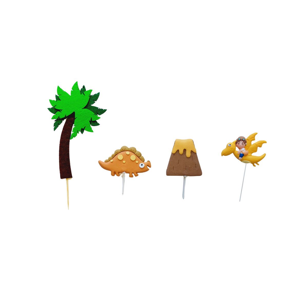 Felt Coconut tree and Clay Volcano Dinosaurs Cake Topper set lifestyle photo