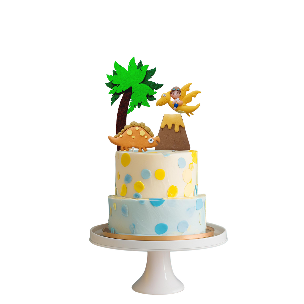 Felt Coconut tree and Clay Volcano Dinosaurs Cake Topper set lifestyle photo