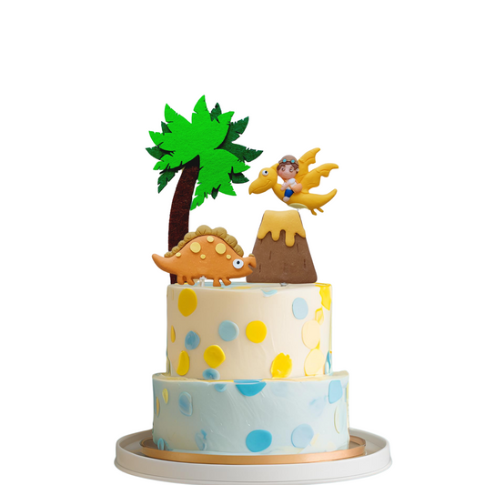 Felt Coconut tree and Clay Volcano Dinosaurs Cake Topper set lifestyle photo
