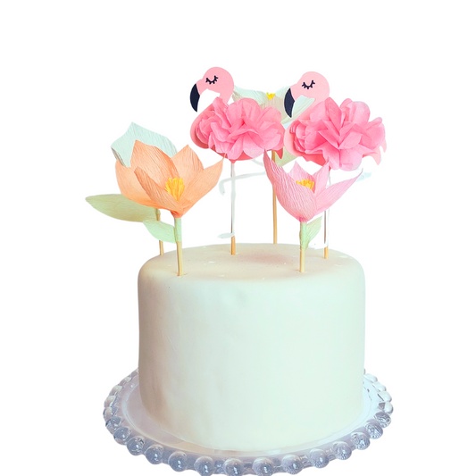 Flamingo and lily flowers hot pink peach gold tropical summer style cake topper product photo