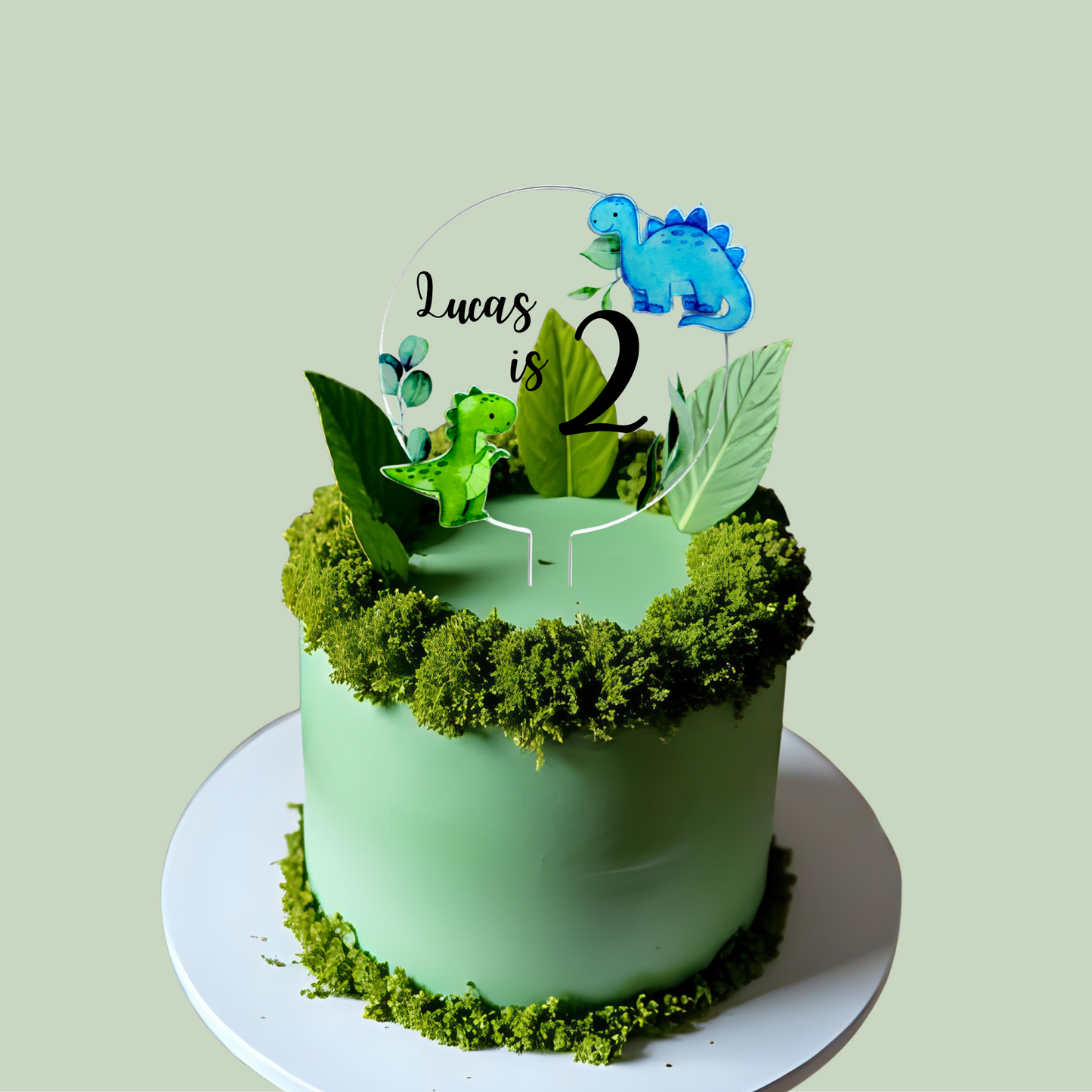 Personalised green dinosaur forest animal Cake Topper birthday decor 10cm
