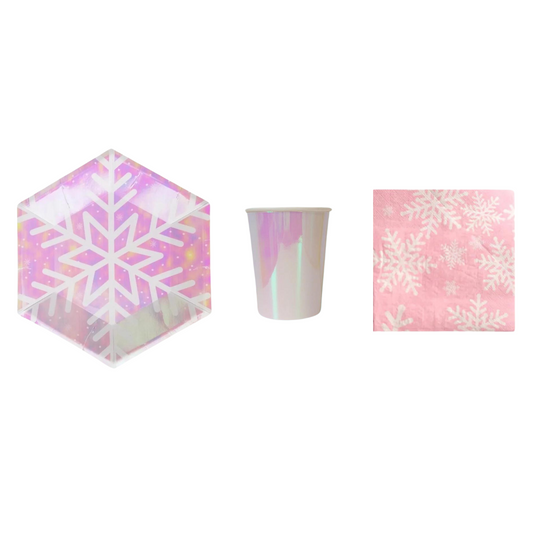 8-pack iridescent snowflakes paper plates cups set product photo