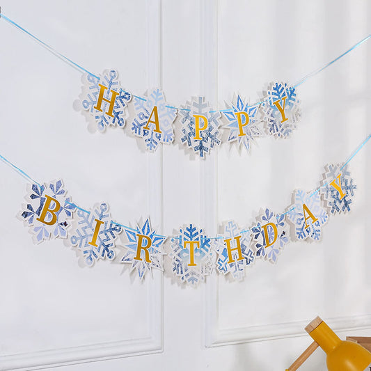 Frozen style snow flakes Happy birthday bunting banner product photo