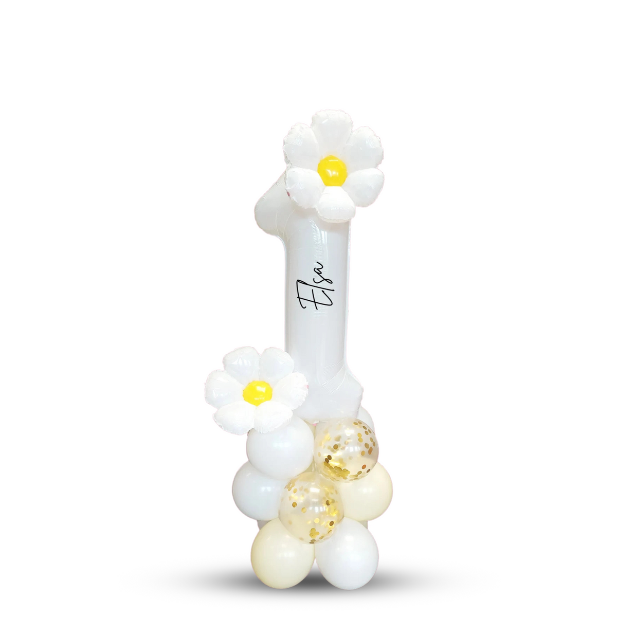 Gold confetti and pastel yellow daisy balloon sculpture bouquet sculpture product photo 2