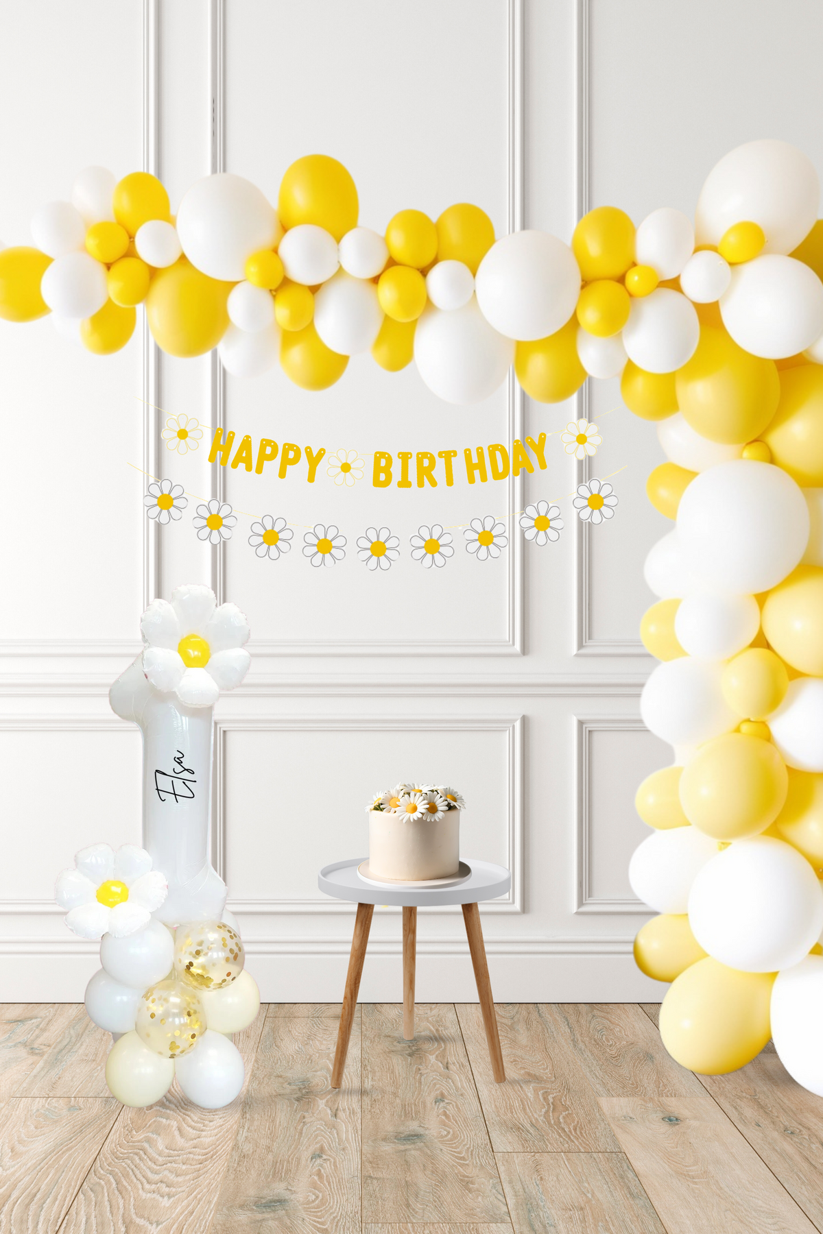 Gold confetti and pastel yellow daisy balloon sculpture bouquet sculpture product photo 3