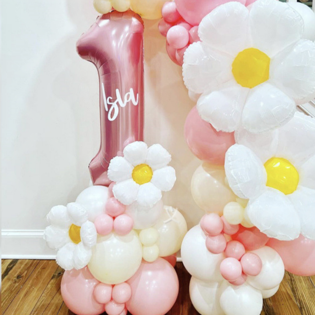 Personalised 1st 2nd birthday pink and cream daisy balloon garland and sculpture stand product photo