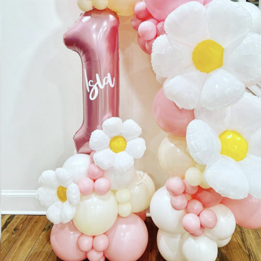 Personalised 1st 2nd birthday pink and cream daisy balloon garland and sculpture stand product photo