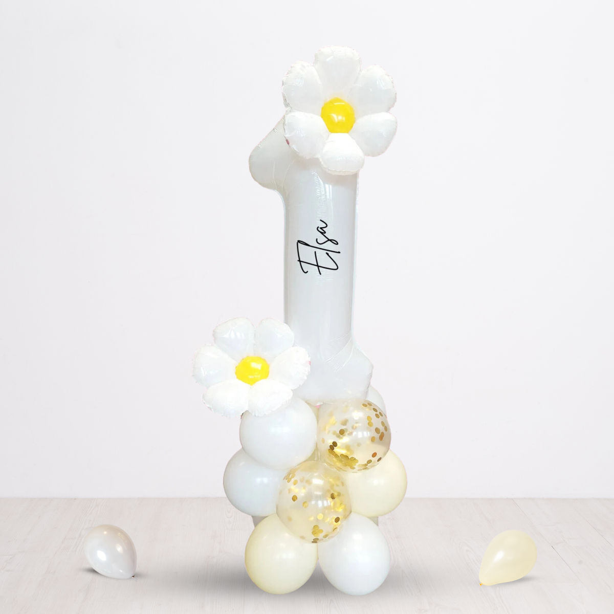 Gold confetti and pastel yellow daisy balloon sculpture bouquet sculpture product photo