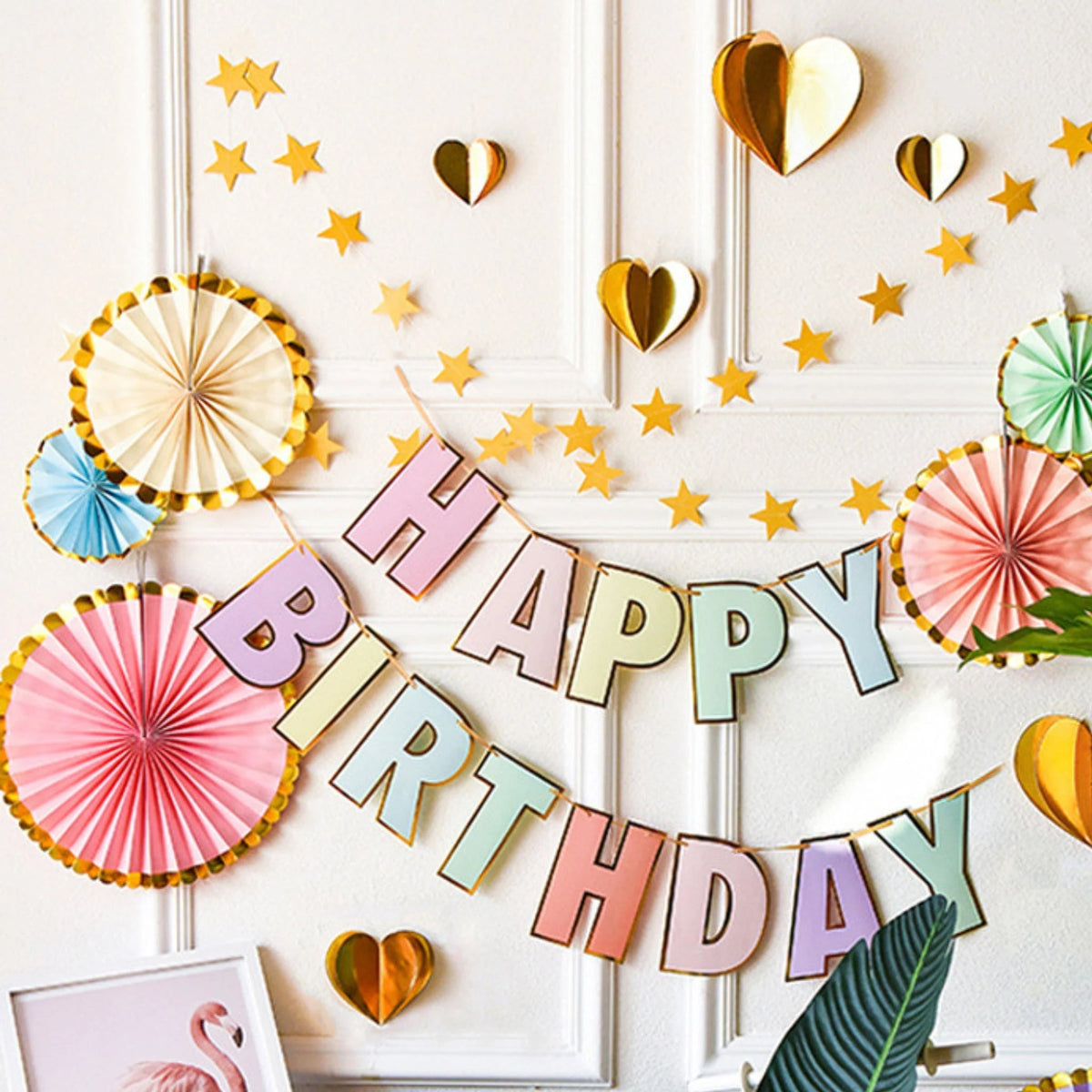 Pink Pastel Eco Paper fan happy birthday bunting decoration with gold star product photo 2