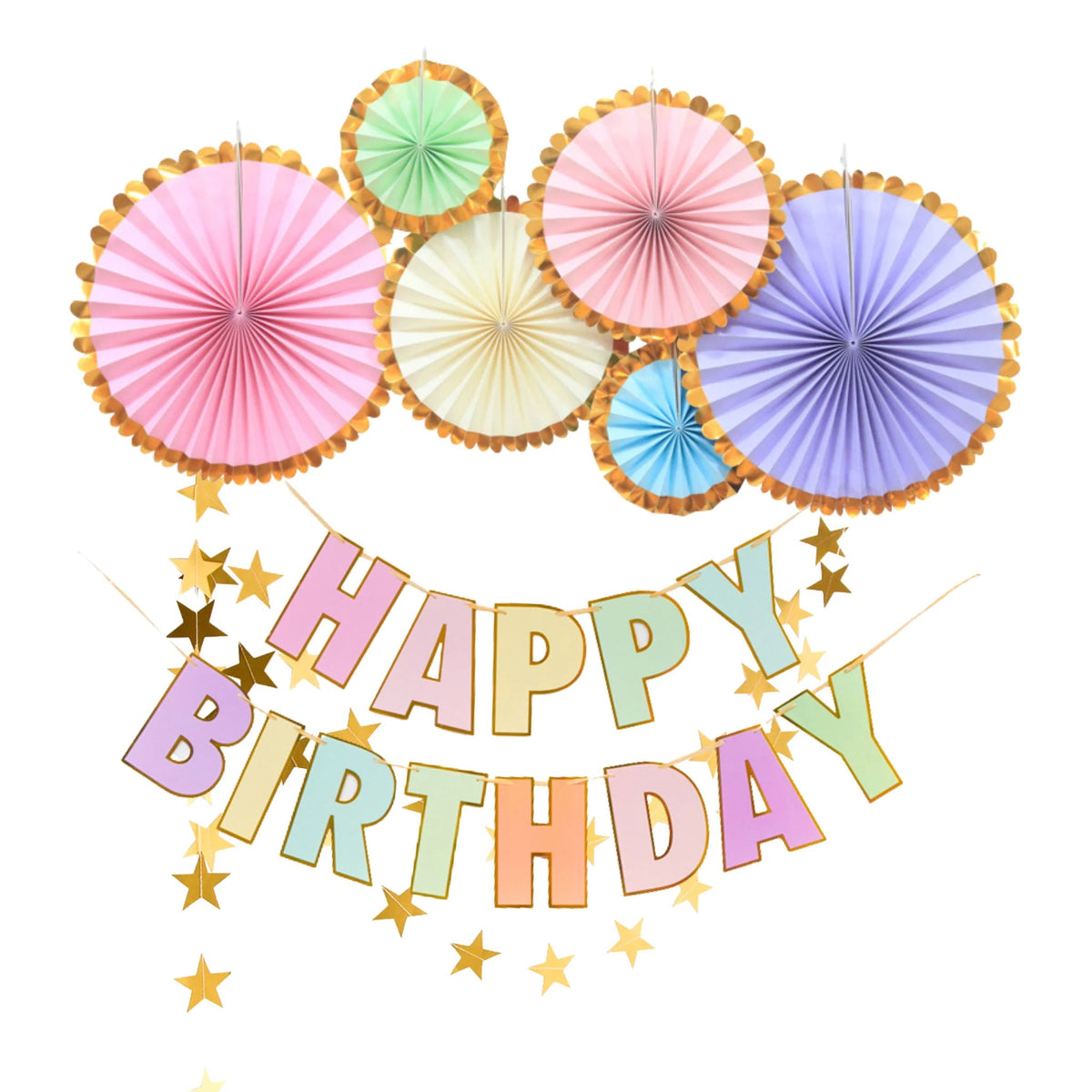 Pink Pastel Eco Paper fan happy birthday bunting decoration with gold star product photo