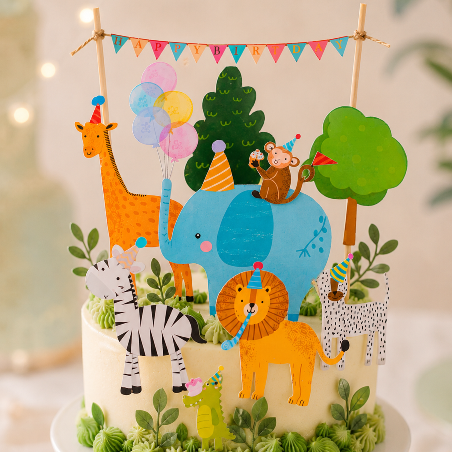 A decorated birthday cake topped with colorful animal cutouts and party decorations, including a blue elephant, orange giraffe, zebra, lion, monkey, spotted deer, green trees, balloons, and a bunting banner reading 'Happy Birthday'.