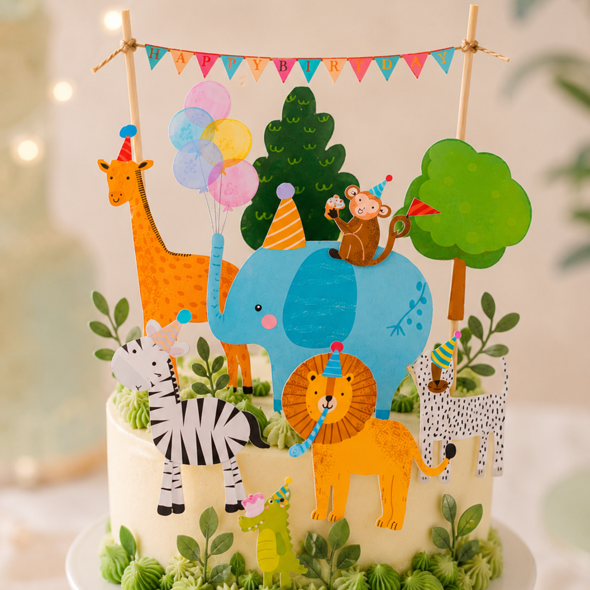 A decorated birthday cake topped with colorful animal cutouts and party decorations, including a blue elephant, orange giraffe, zebra, lion, monkey, spotted deer, green trees, balloons, and a bunting banner reading 'Happy Birthday'.