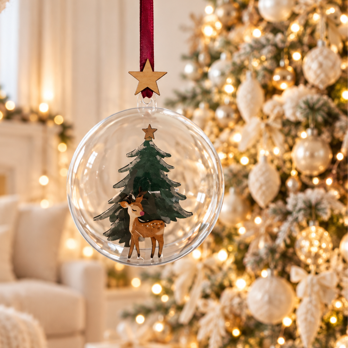 Laser-cut wooden reindeer in forest Christmas bauble with hand-painted deer and snowy tree in clear ornament with red ribbon