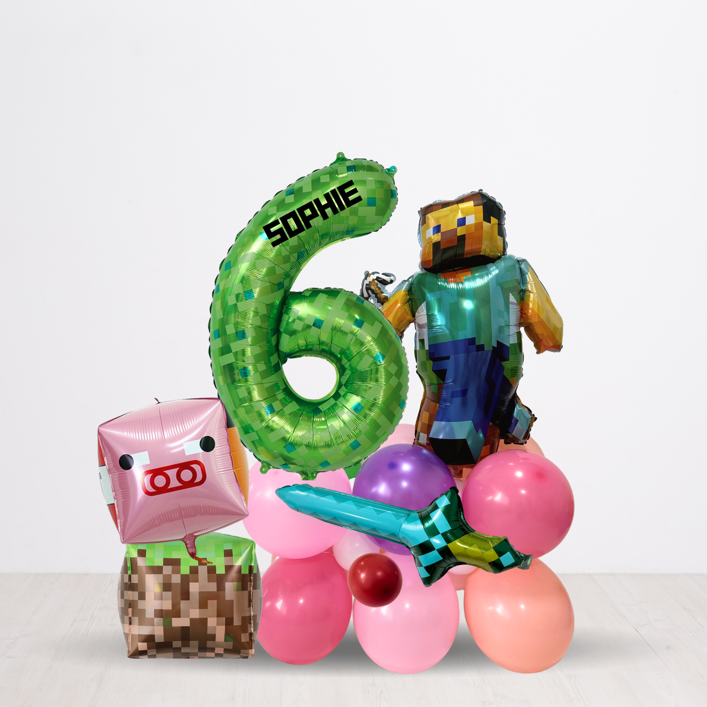 DIY Personalised Minecraft themed party balloon sculpture stack with number balloon girls or boys