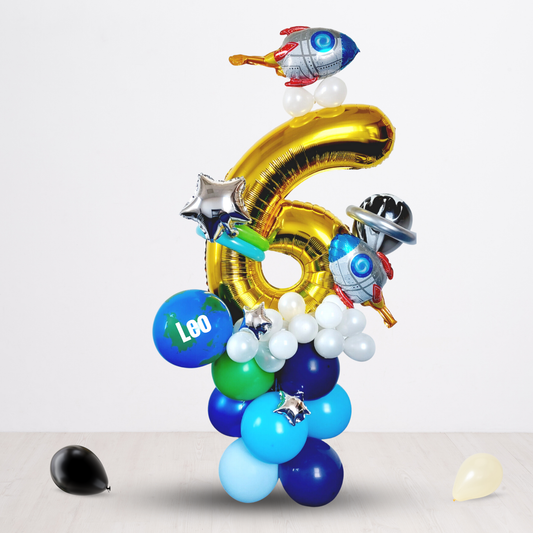 Outer space science blue green rocket universe girls Birthday Balloon sculpture bouquet product photo