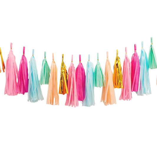 Paper Tassel Garland blue hot pink peach gold tropical summer style product photo