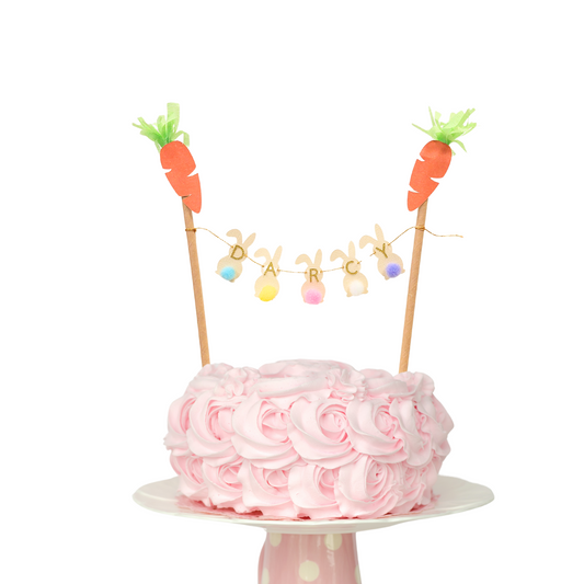 Personalised Pastel Easter rabbits bunny carrots bunting banner cake toppers product photo