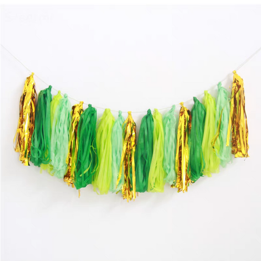 Lime green mint gold forest jungle animal dinosaur style paper tissue tassel garland product photo