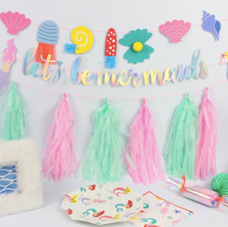Pastel mermaid under the sea paper tassel birthday bunting banner garland product photo 2