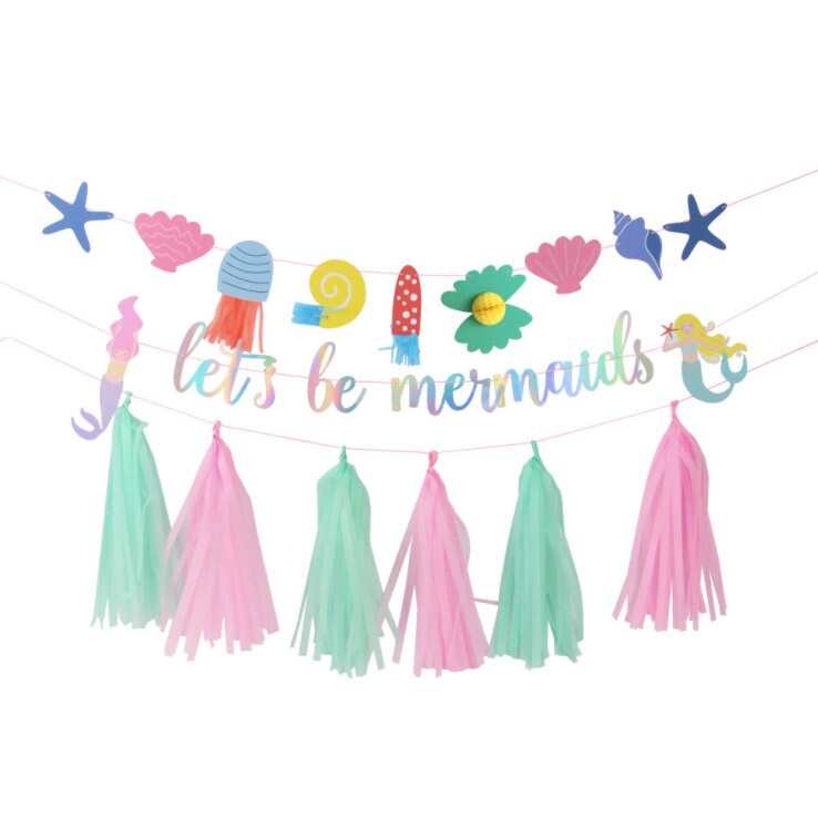 Pastel mermaid under the sea paper tassel birthday bunting banner garland product photo