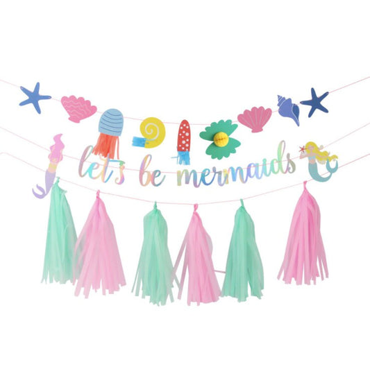 Pastel mermaid under the sea paper tassel birthday bunting banner garland product photo