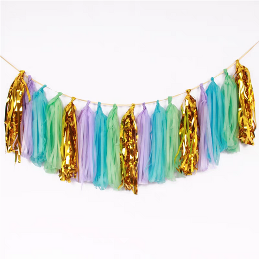 Pastel purple Green mint blue mermaid style paper tissue tassel garland product photo