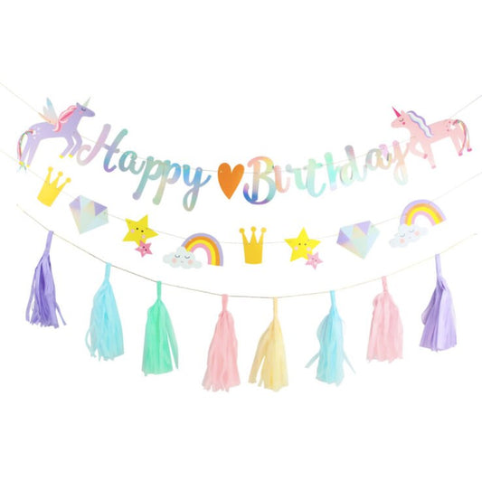 Pastel unicorn paper tassel birthday bunting banner garland product photo