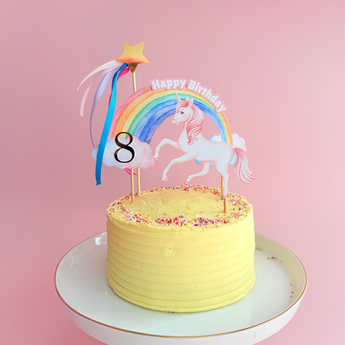 Personalised big rainbow, shooting star and unicorn birthday cake topper product photo 2