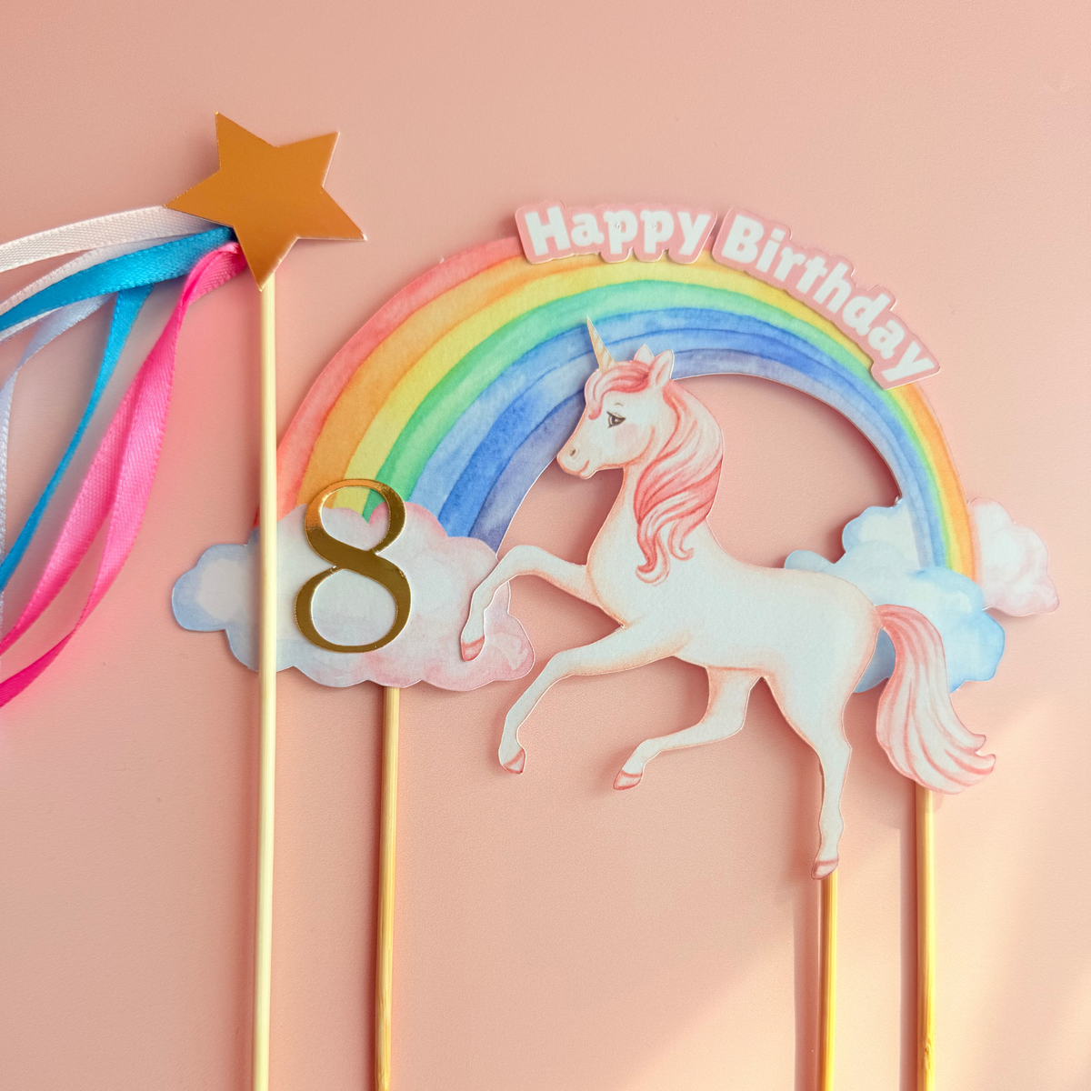 Personalised big rainbow, shooting star and unicorn birthday cake topper product photo 3