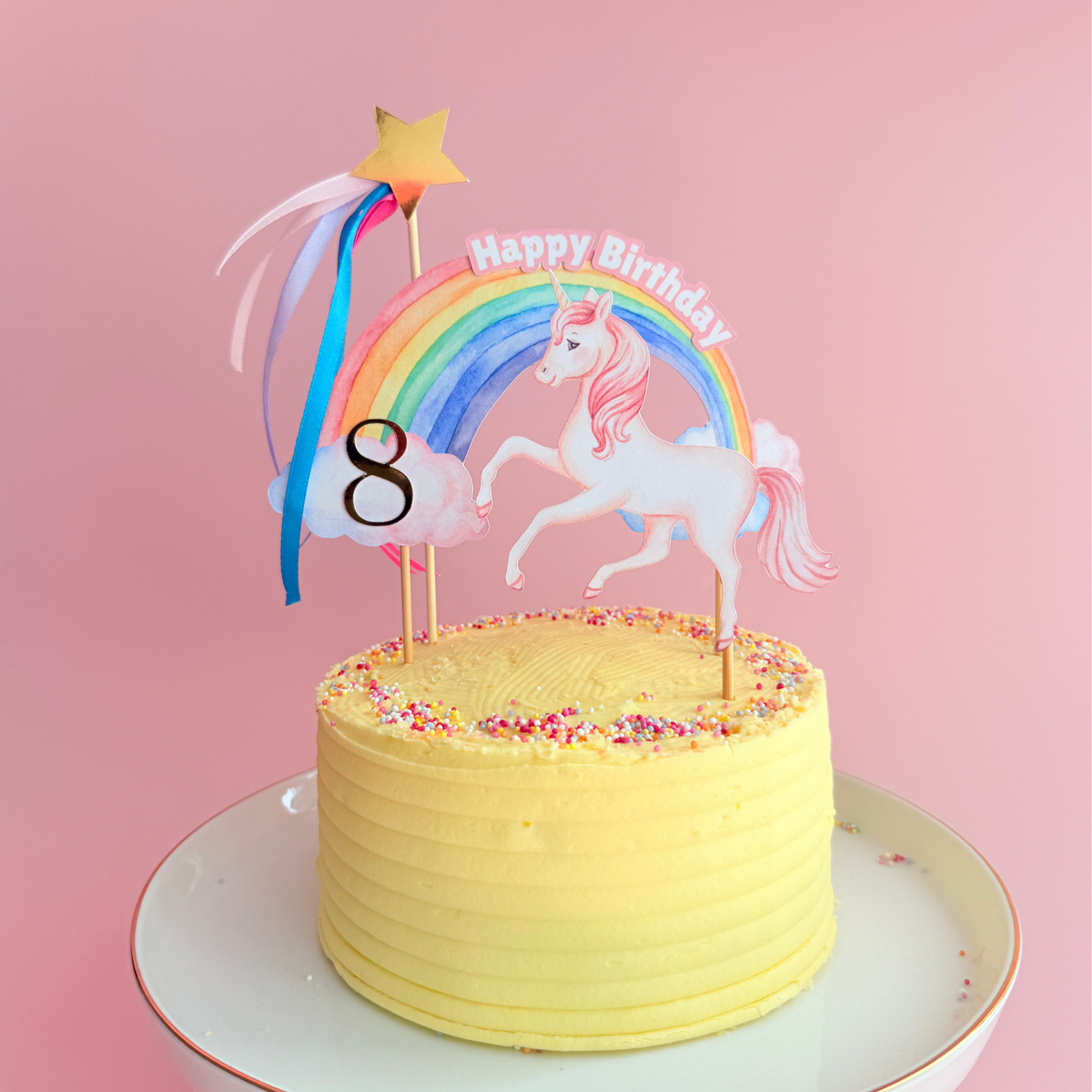 Personalised big rainbow, shooting star and unicorn birthday cake topper product photo