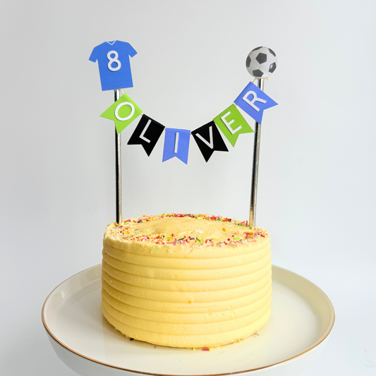 Personalised blue green football soccer dark t shirt themed birthday cake topper product photo